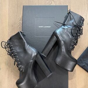 Saint Laurent Black Lace-Up Leather Boots